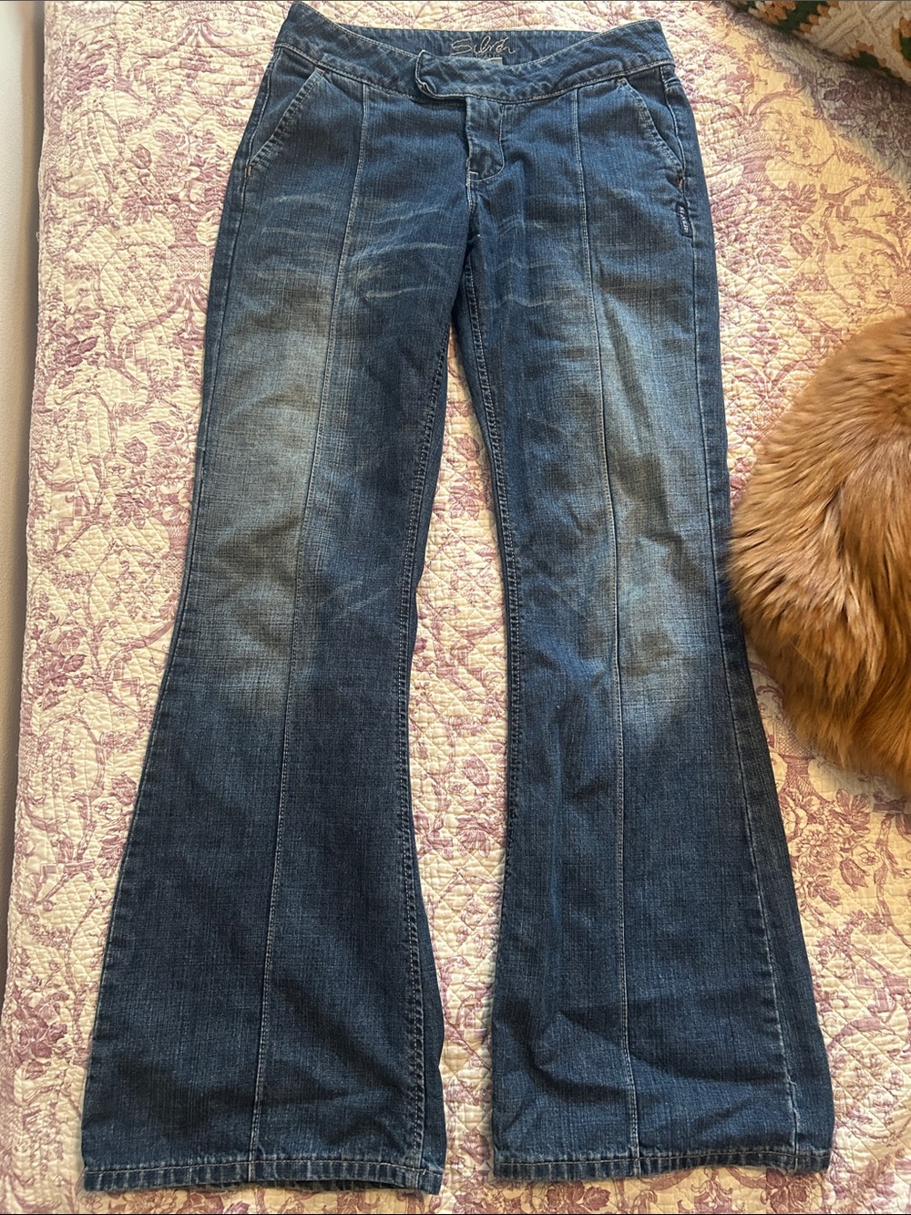 dark wash low rise flare jeans